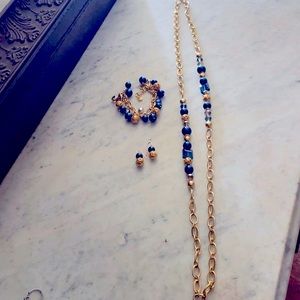 Brighton NWOT Contempo Chic. Gold/blue earrings, bracelet, necklace. SO CLASSY!